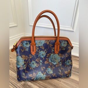 Ralph Lauren Blue Rose Floral Satchel Bag Leather trim